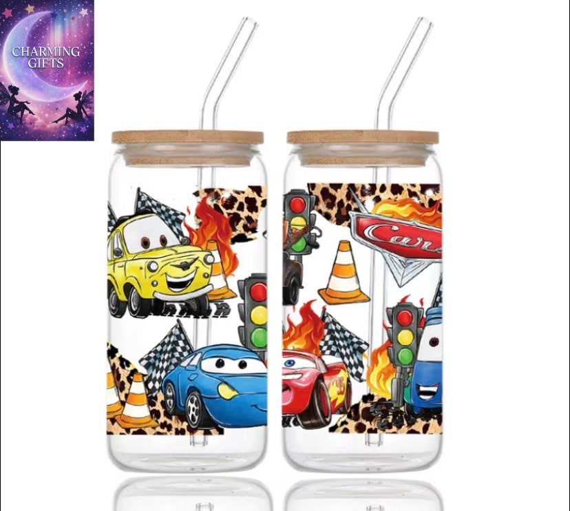 2pc Disney Cartoon Water Cups, Cars, Flags, Flame Prints, 16oz Glasses with Bamboo Lids and Glass Straws, Birthday Gifts for Friends and Family, Gifts for Nurses' Day/wedding Season/Independence Day/Teachers' Day/back-to-school Season, Drinks Fo
