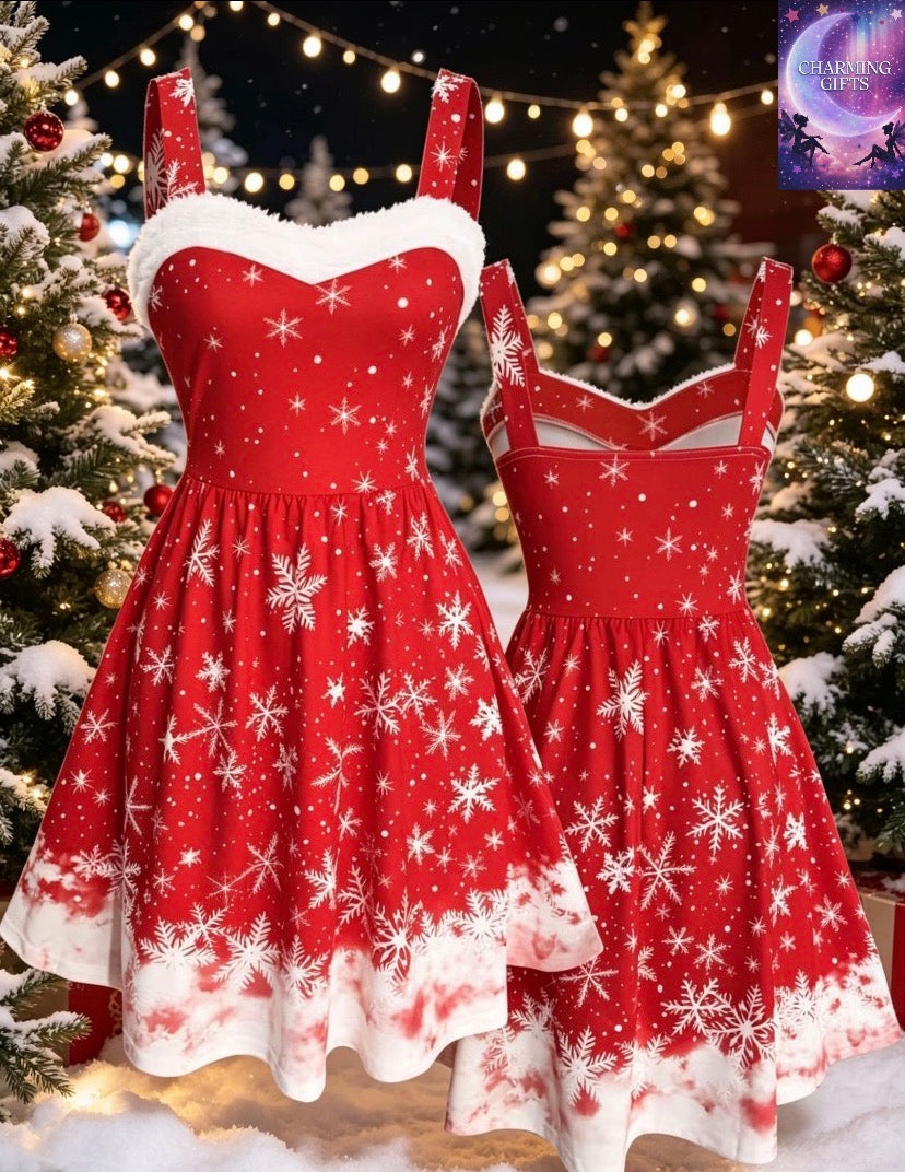 Women's Christmas Holiday Printed White Trim Dress with Falling Snowflake Hem, Slim-Fit Dress for Holiday Parties