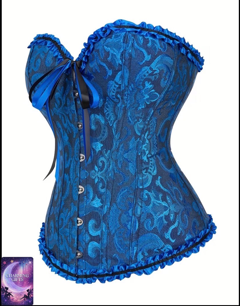 Plus Size Classic Court-Style Corset Top with Lace Ruffles, Strapless Overbust Design Blue