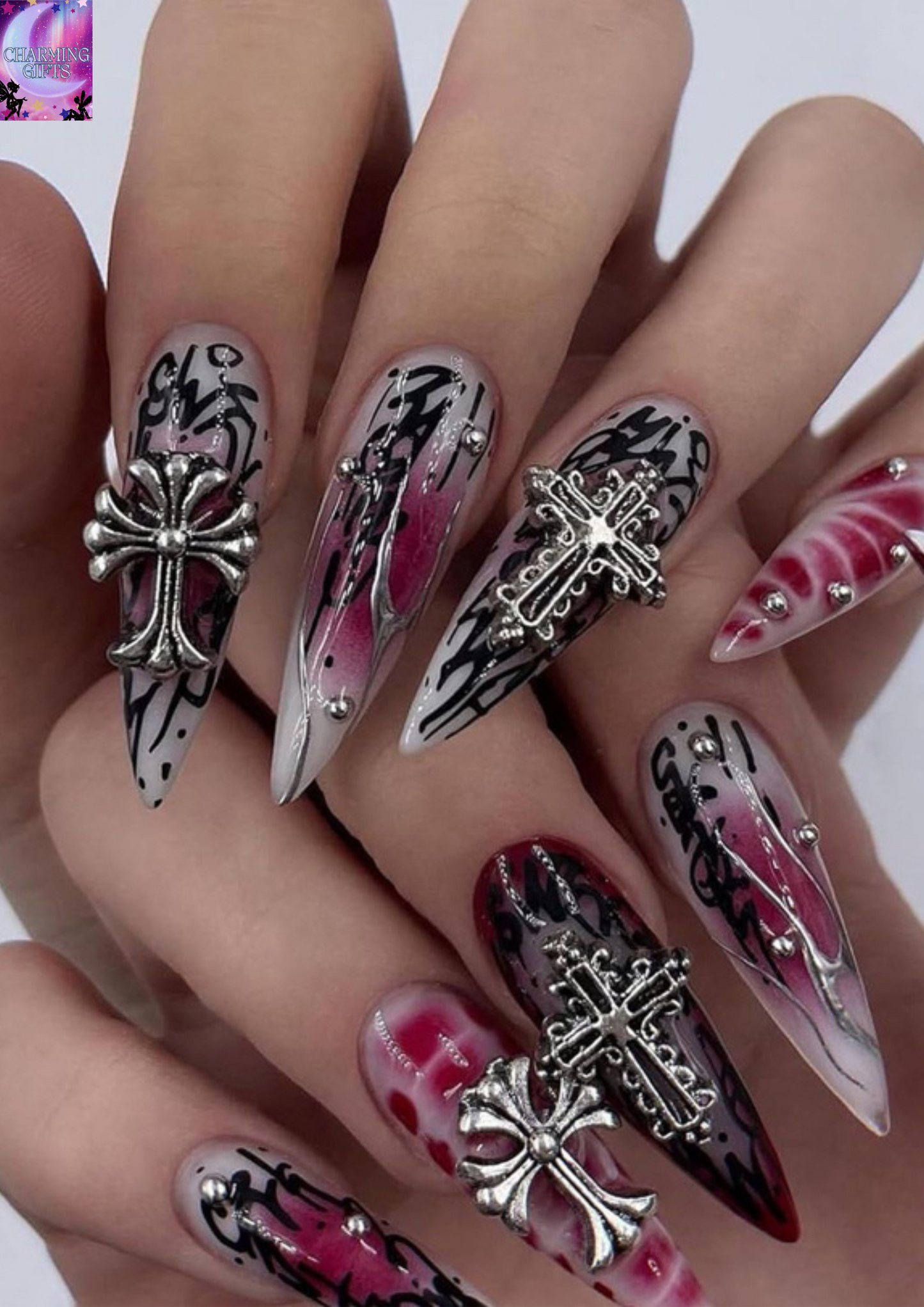 24pcs Long Stiletto False Nails Dark Red Black Stick on Nails Silver Cross Press on Nails Removable Glue on Nails Full Cover Gothic Fake Nails Women Bridal Nail Art Accessories