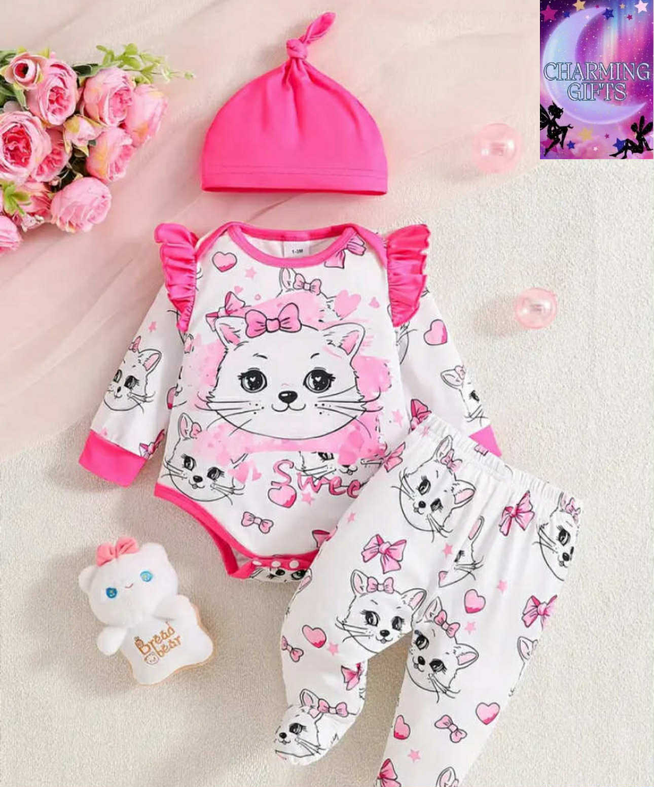 Adorable Kitten Print Short Sleeve Long Sleeve Footed Romper with Hat, Perfect for Outdoor