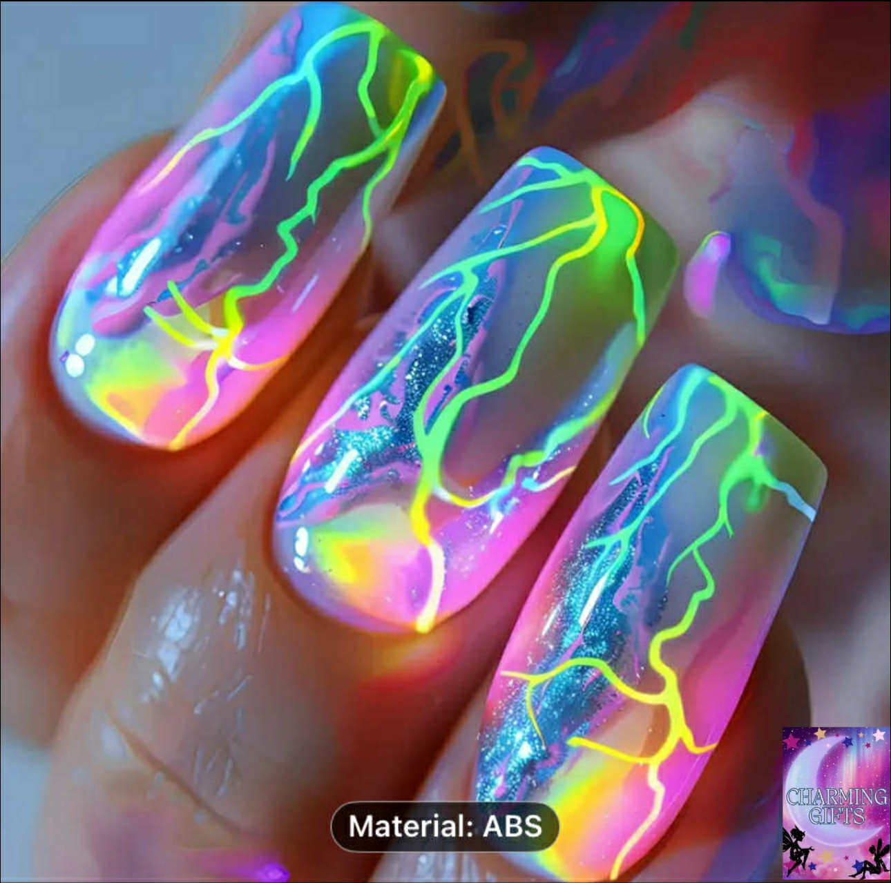 24pcs Set of Long, Glossy Nail Extensions with Vibrant Neon Lightning Design - Removable, Ballet Shape, Colorful Stripes for Stylish Manicures, Nail Art Extensions|Vibrant Nail Design|Glossy Finish