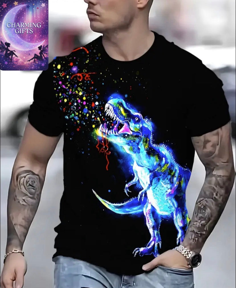 Men'S Vibrant Dinosaur Graphic T-Shirt - Short Sleeve, Crew Neck, Stretch Polyester Fabric, Casual All-Season Wear, Dinosaur