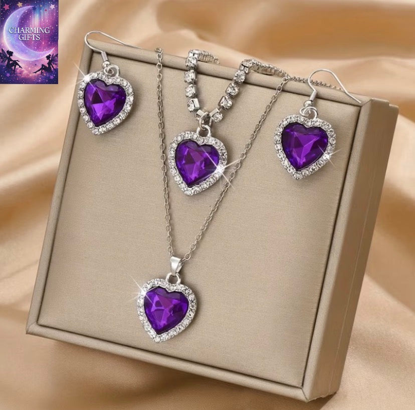 Fashionable And Easy Peach Heart Necklace, Earrings, And Bracelet 4pcs Set, Valentine'S Day, Christmas, Girlfriend, Best Friend Gift (Product Does Not Include Box)