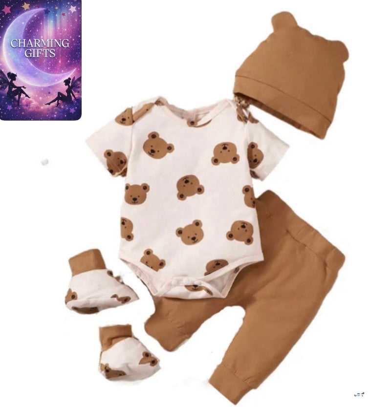 0-9 Months Newborn Baby Boy 4PCS Clothing Set Bear Print Short Sleeve Bodysuit+Pants+Hat+Sock Cute Baby Photograph Outfit
