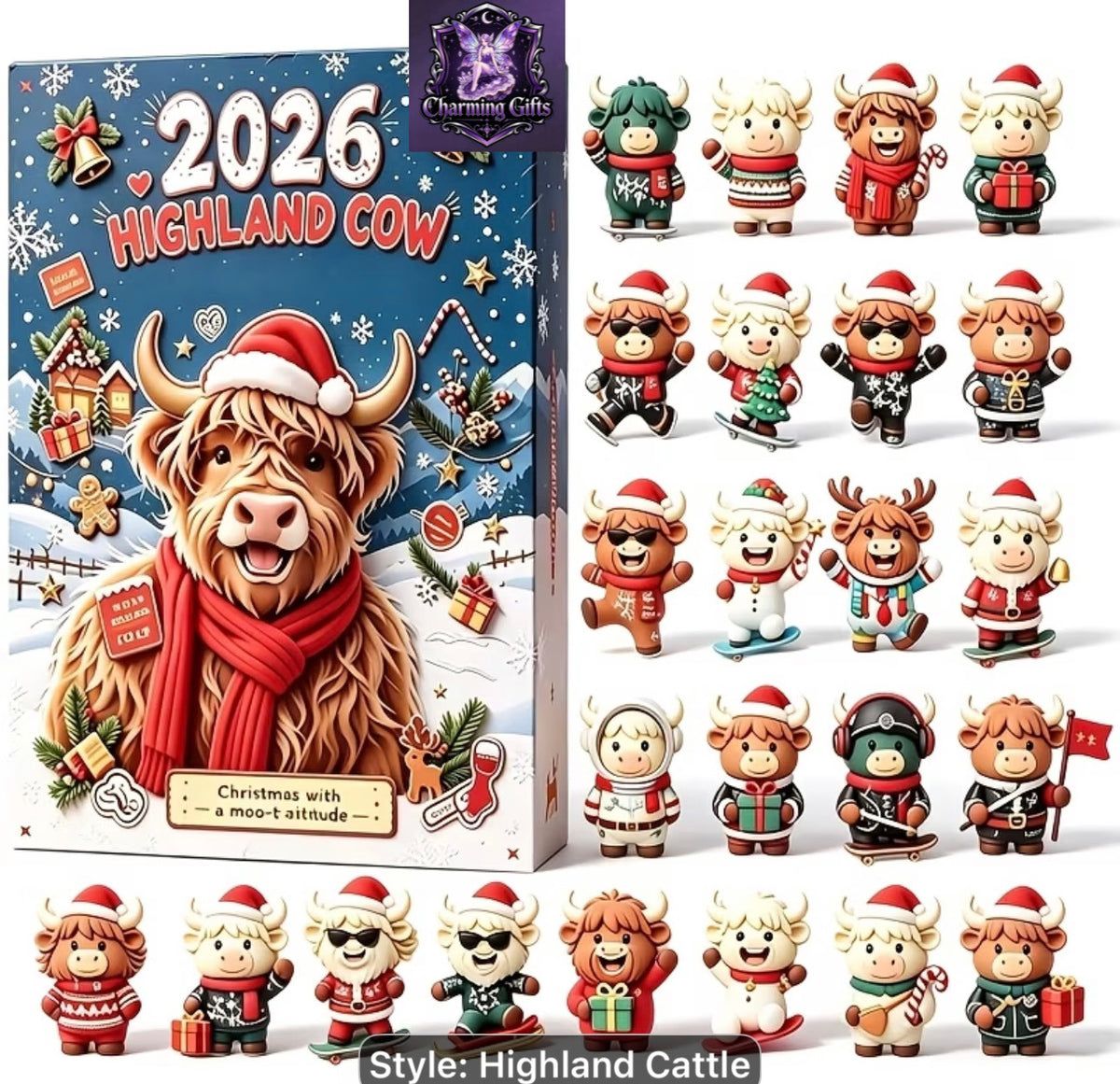 Highland cow mini 3d figurines ornament advent calendar