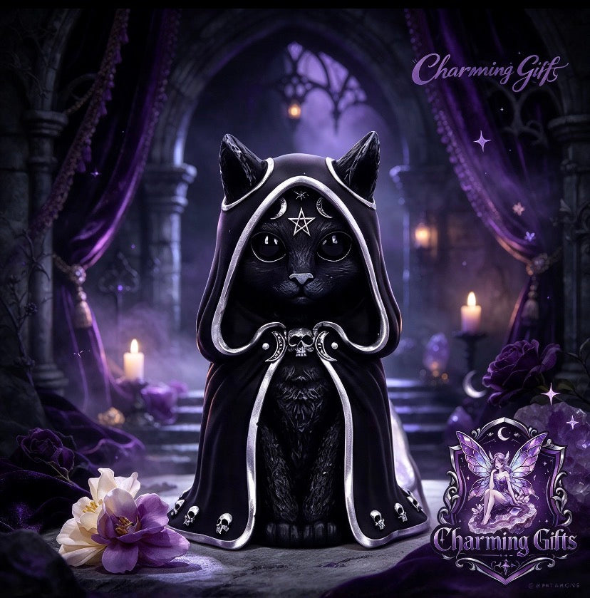 🐱 Gothic Dark Cloaked Cat Statue — Mystical Collectible Figurine