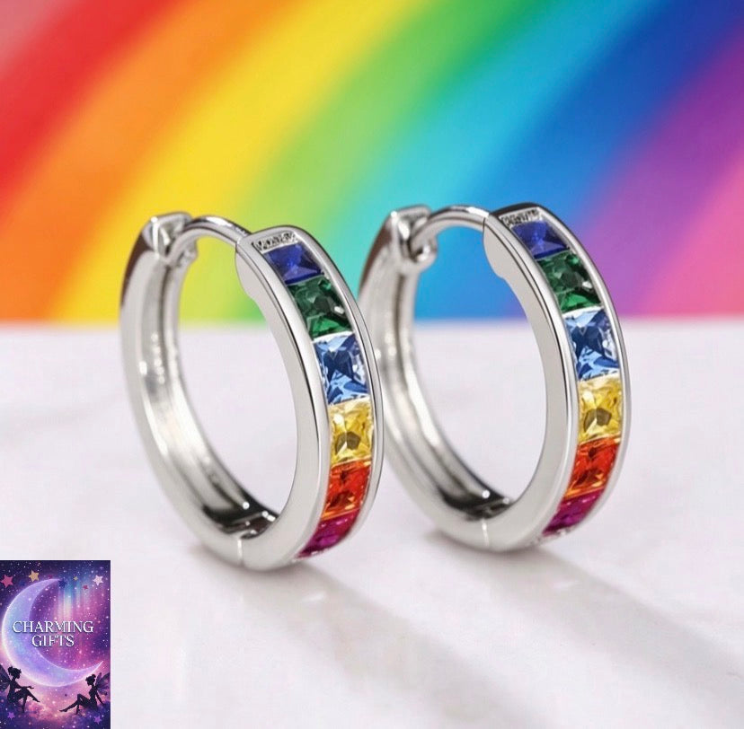 925 Sterling Silver Crystal Rainbow Stone Huggie Hoop Earrings Women Jewellery