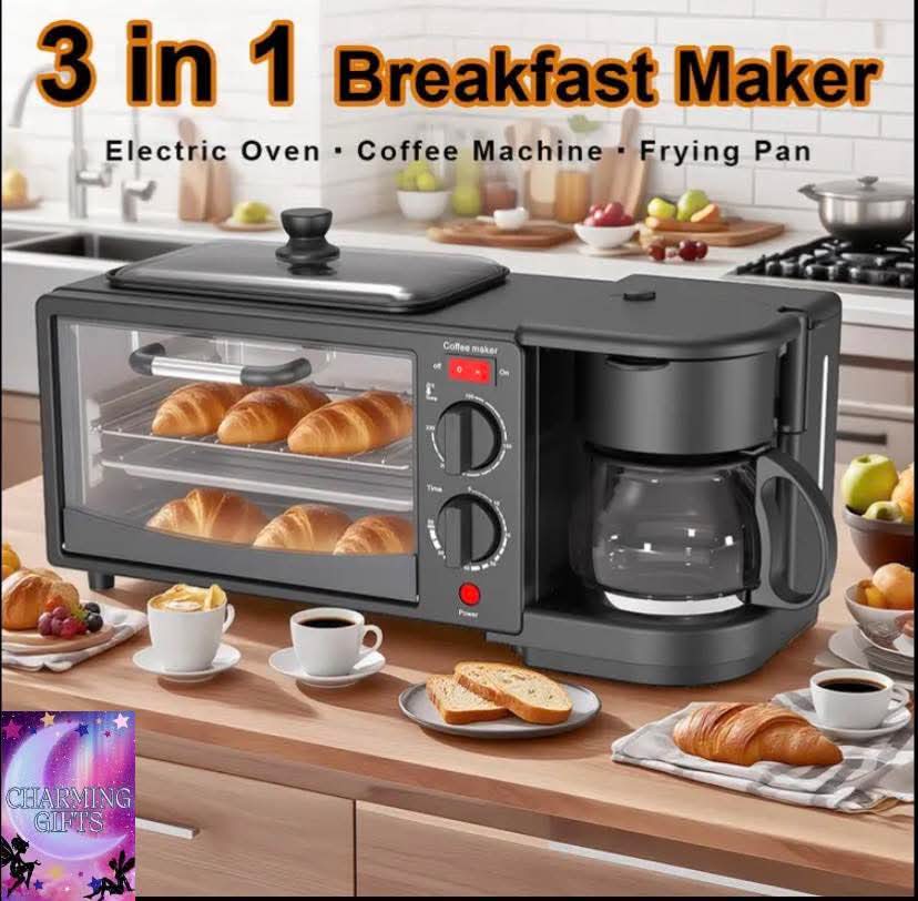 3-In-1 Breakfast Machine, Portable Breakfast Maker with Non-Stick Griddle, Coffee Maker &Toaster Oven, Cooking Gadgets for Bread Toast Coffee Egg Sandwich Bacon Sausages,for Apartments Kitchen