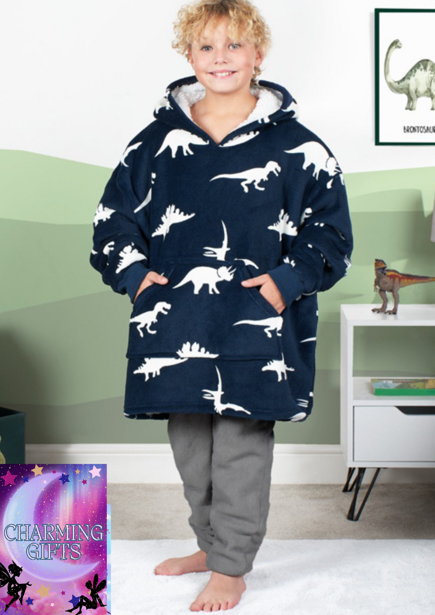 Dino Print Hoodie Blanket, Kids - Navy