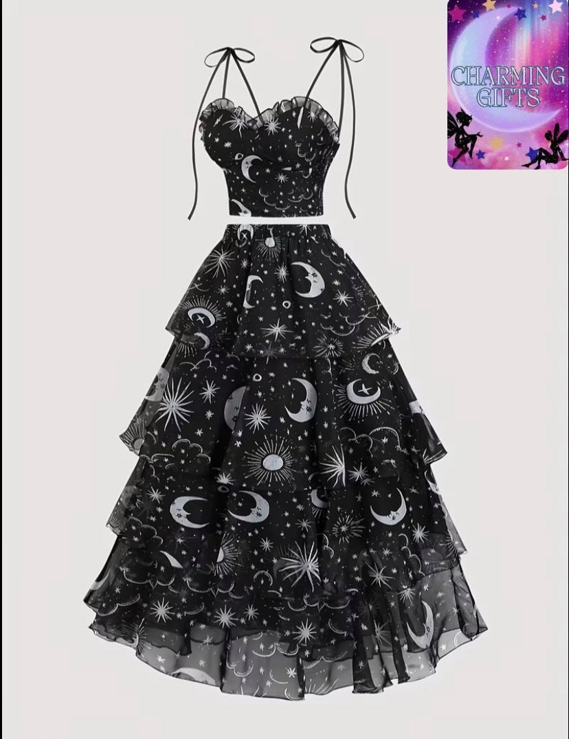 Dark Starry Sky Print Spaghetti Strap Set: Layered Cake Dress + Tie-Up Bralet Top, Gothic Lolita Style Style Niche Outfit for Parties, Stylish Women, Trend Followers, Printed Blouse, Lightweight Fabric, Delicate Stitching, Boho Chic Look