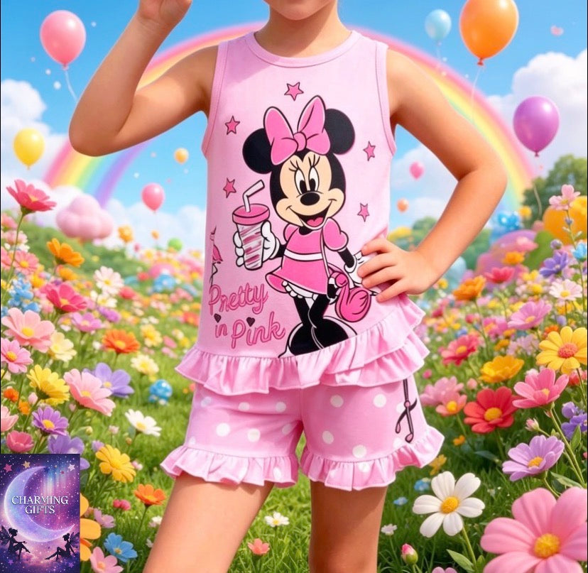 Disney Minnie Mouse & Flamingo Print Criss-Cross Ruffle Trim Tank Top And Polka Dot Shorts 2pcs Set For Young Girls, Cute & Versatile, Comfortable For Daily Casual, Vacation, Beach, Party, Birthday Gift