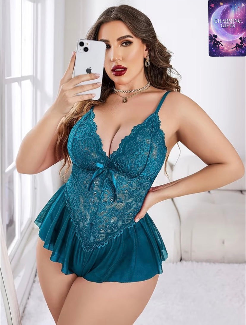 Plus Size Teal Lace Deep V Babydoll Nightgown | Sexy & Comfy Sheer Sleepwear with Contrast Lace Details