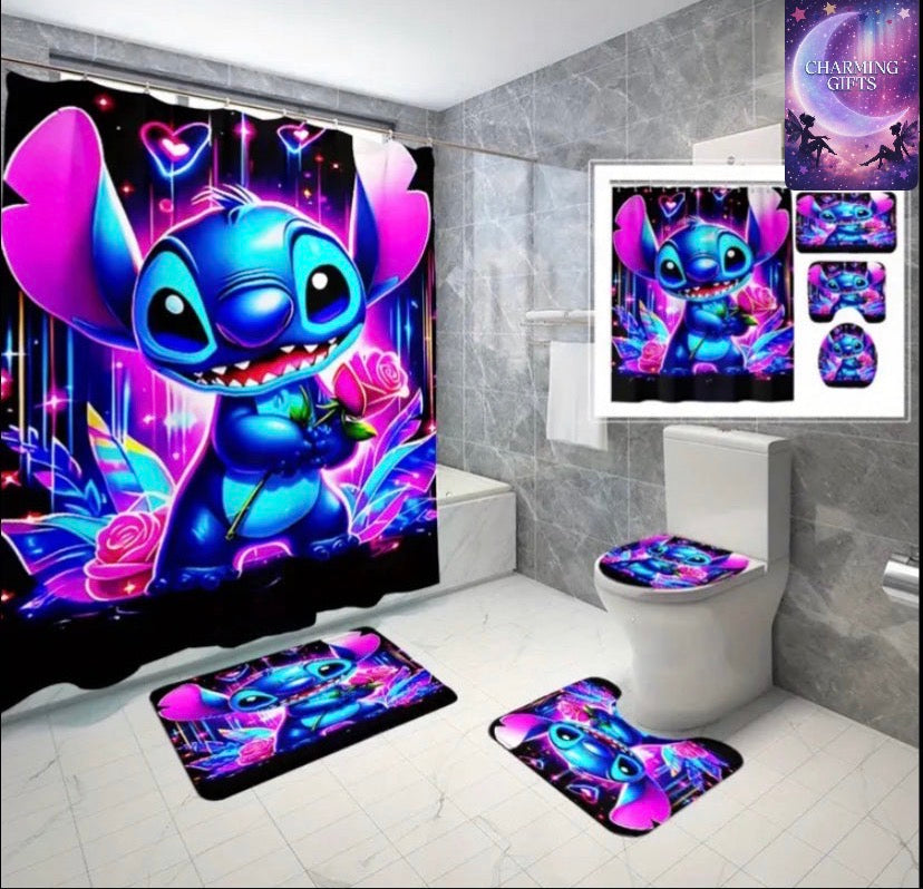 4pcs Disney Stitch holding a rose in a neon scene Pattern Shower Curtain Set, Shower Curtain with 12 Hooks, Non-Slip Bath Rug, U-Shape Mat, Toilet Lid Cover Pad, Home Decor, Bathroom Full Set, Bathroom Accessories, gifts Gifts for Family
