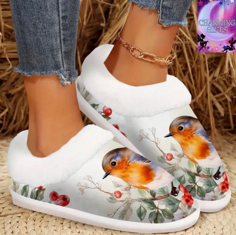 Women'S Cozy Slip-On Slippers with Vibrant Bird & Cherry Print - Soft Plush Lining, Non-Slip Rubber Sole, All-Season Indoor/Outdoor Comfort, Winter Warmth Casual Home Footwear, Ladies Slippers, Indoor Footwear, Playful Design, Indoor Wear