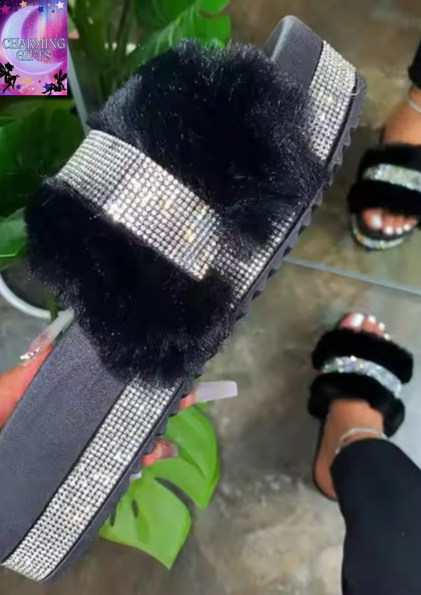 Women Fur Rhinestone Slippers Platform Wedges Without Heel Fluffy Furry Slides Flat Flip Flops Shoes Ladies Shiny Bling