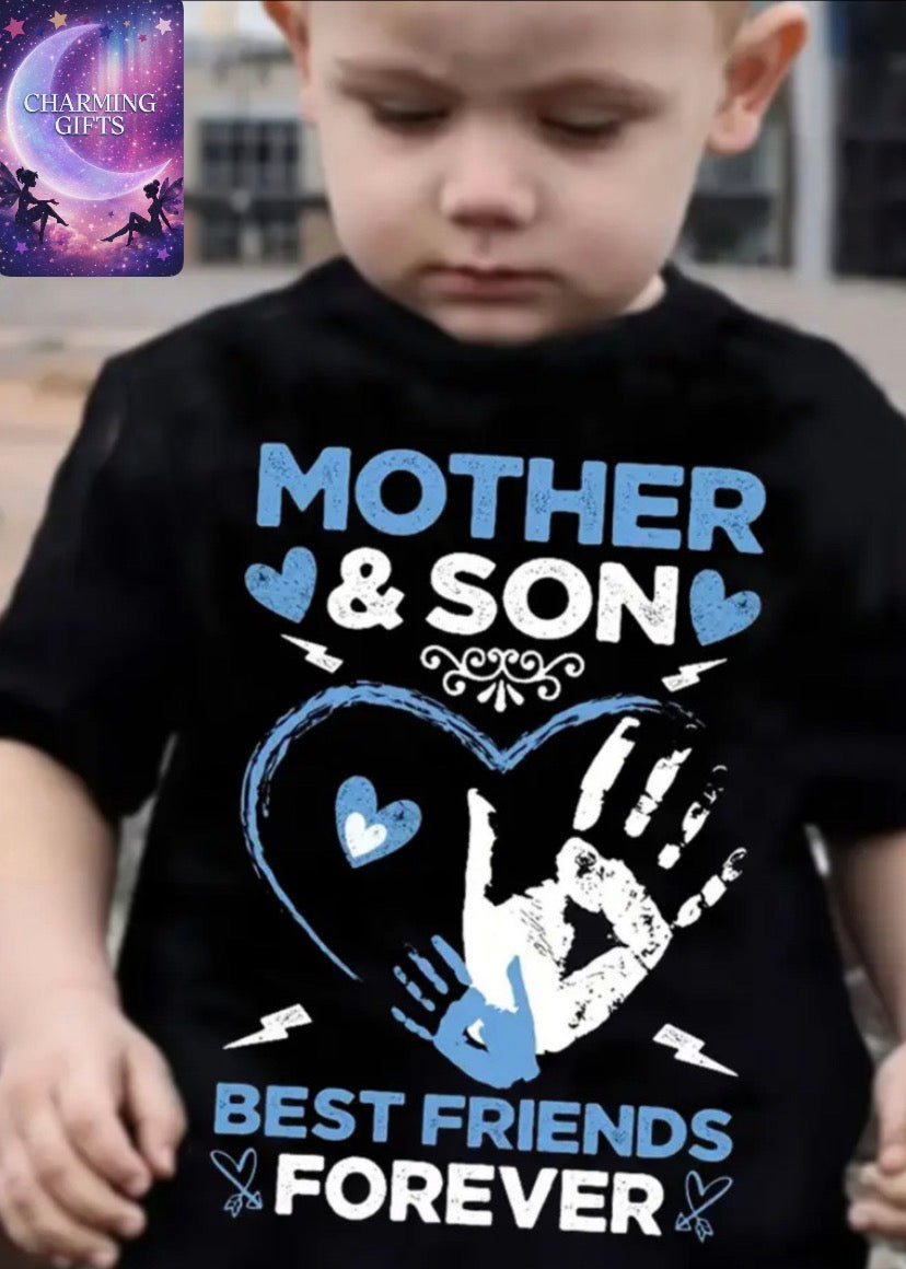 Mom and Son" Heartfelt T-Shirt - Boys' Casual Black Short Sleeve Tee with Blue Hearts & Hands Design, Perfect for Mother'S Day Gift, Everyday Comfort, Youth Fashion Top, Boys T Shirt