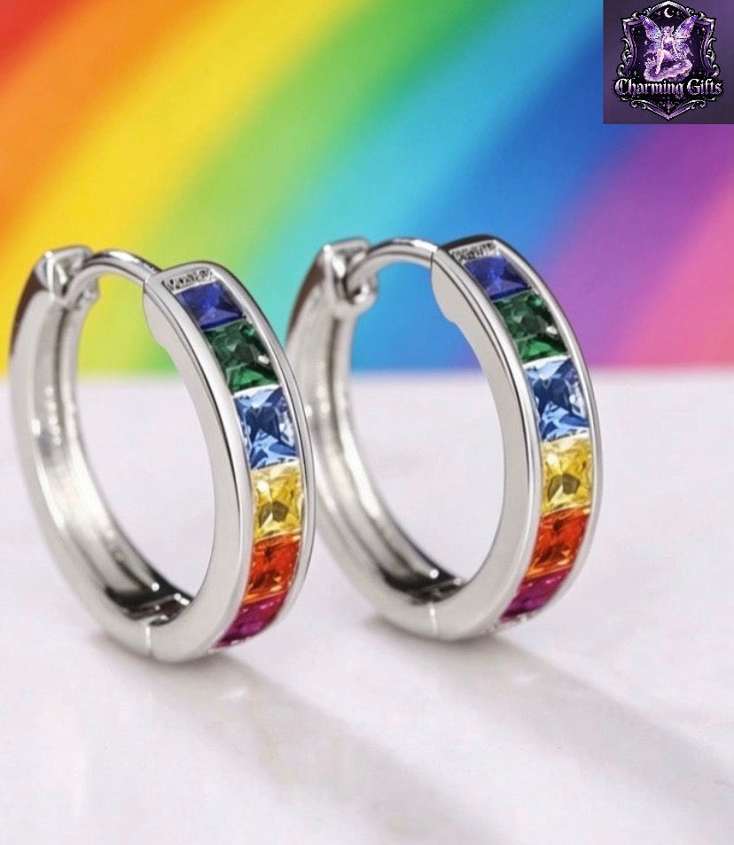 925 Sterling Silver Crystal Rainbow Stone Huggie Hoop Earrings Women Jewellery