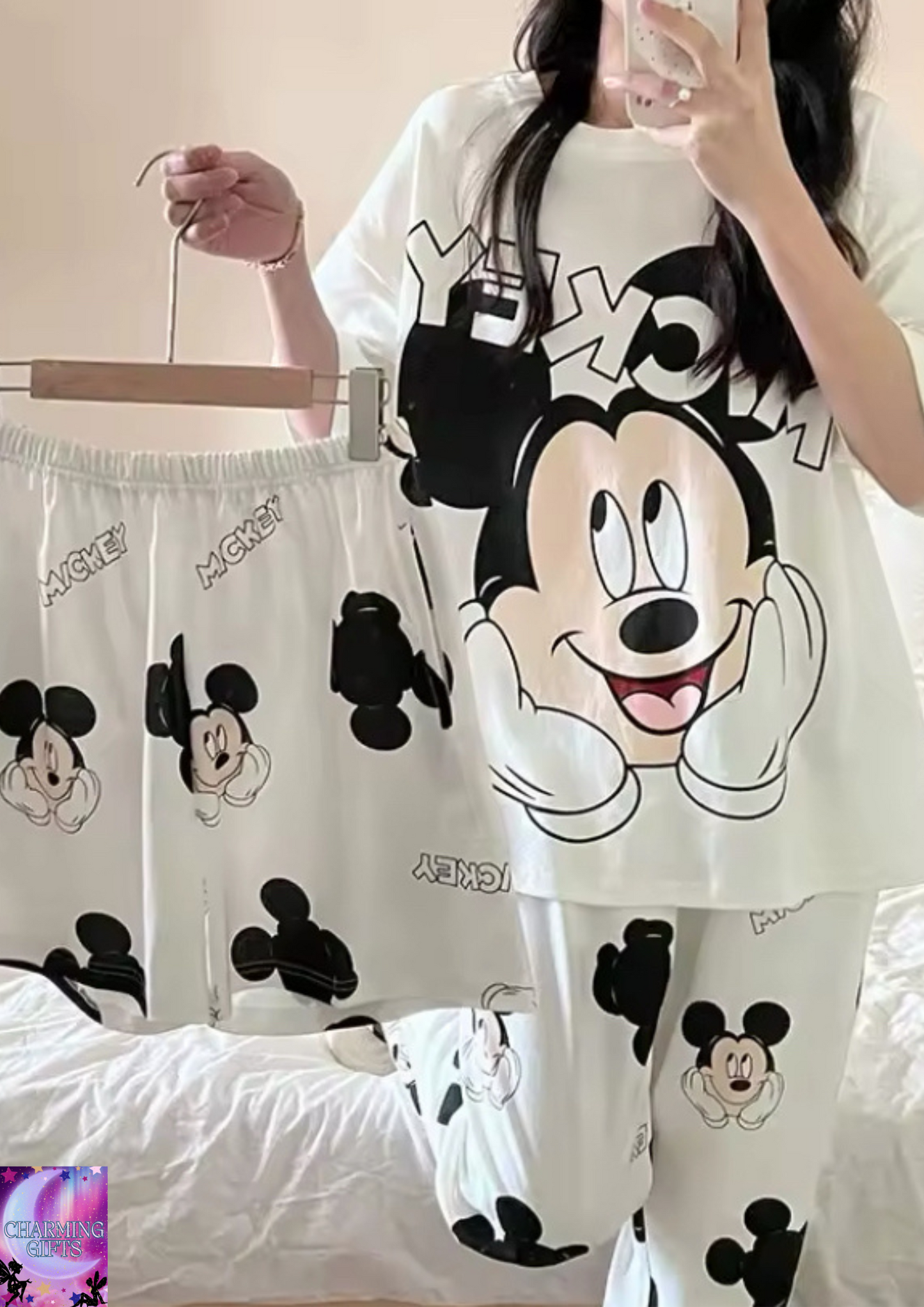 3pcs Disney Mickey Women Pajamas Set Anime Summer Short Sleeve Shorts Sleepwear Round Neck Nightshirt Homewear Clothes Gifts