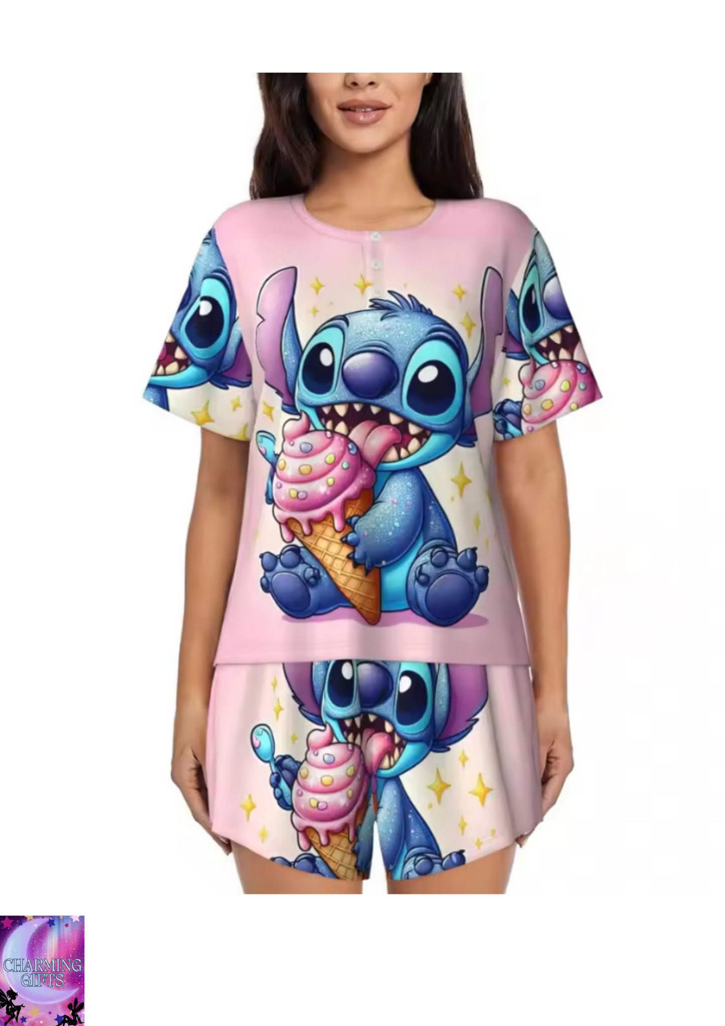 Cartoon Anime Manga Stitch Pajamas Set Women Short Sleeve Sleepwear Loungewear 2 Piece Pjs