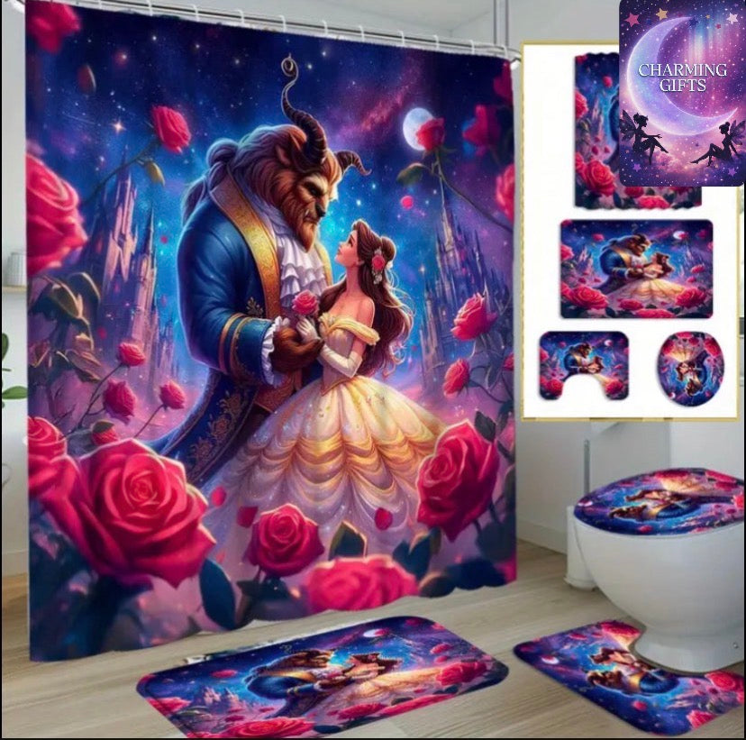 Disney, 4pcs Beauty And The Beast Polyester Shower Curtain Sets, with 12 Hooks, Bathroom Floor Mats, Toilet Cover Mats And U-Shaped Mats, 180.01X180.01 cm, Suitable for Bathroom, Bedroom, Camping, Bar Decoration, Holiday Decoration, Birthday Gift, Christm