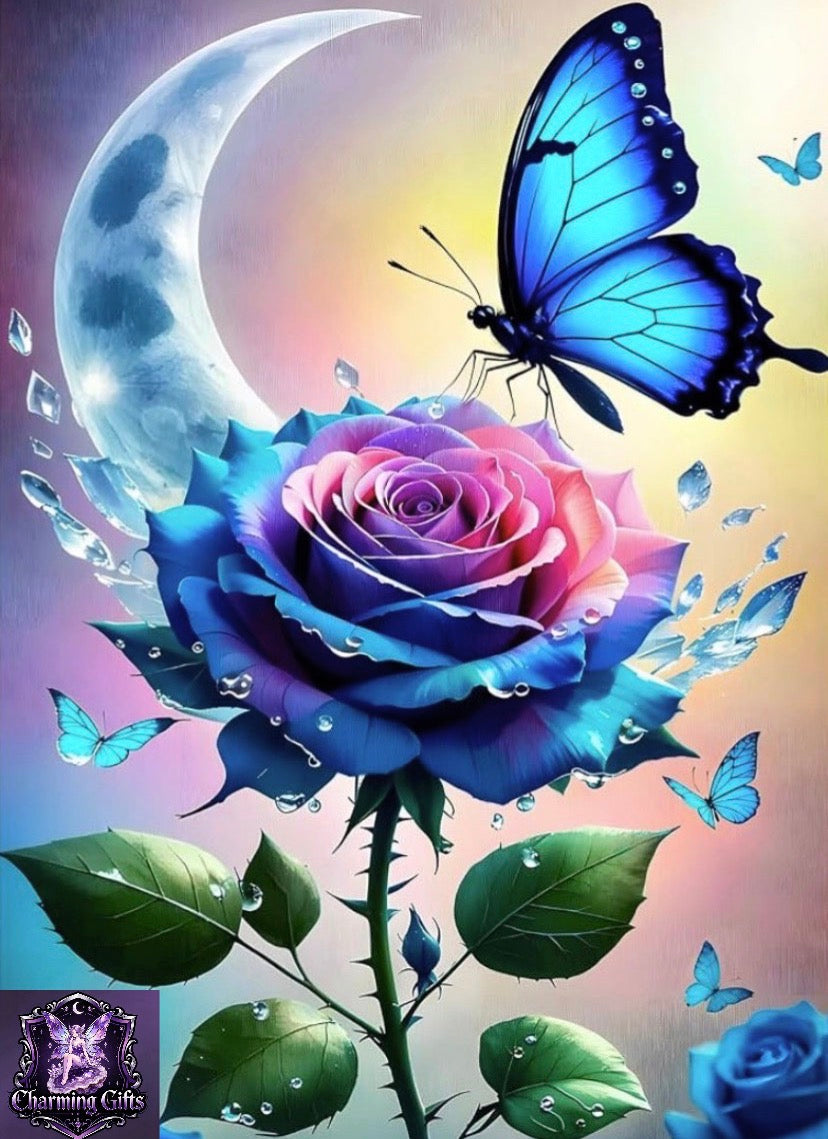 Gradient Rose Diamond Painting Kits for Beginners Adults,5D DIY Butterfly Diamond Art Kits,Round Full Drill Crescent Moon Art Crafts,DIY Painting by Numbers for Home Wall Decor 12x16 inch