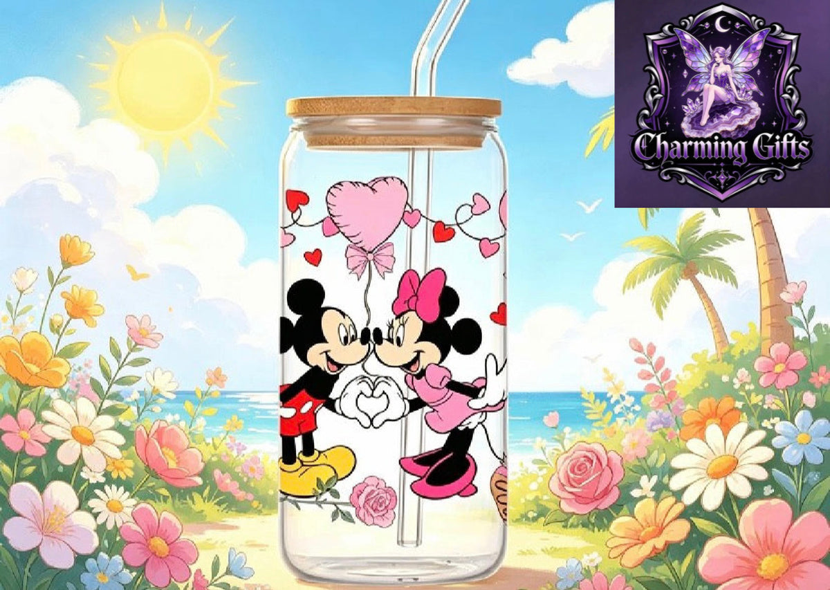2pc Disney-Themed Water Cups Featuring Mickey And Minnie with Balloon Designs, 16-Ounce Glasses Equipped with Bamboo Lids And Glass Straws, Perfect Birthday Presents for Loved Ones, Suitable for Nurses' Day, Wedding Celebrations