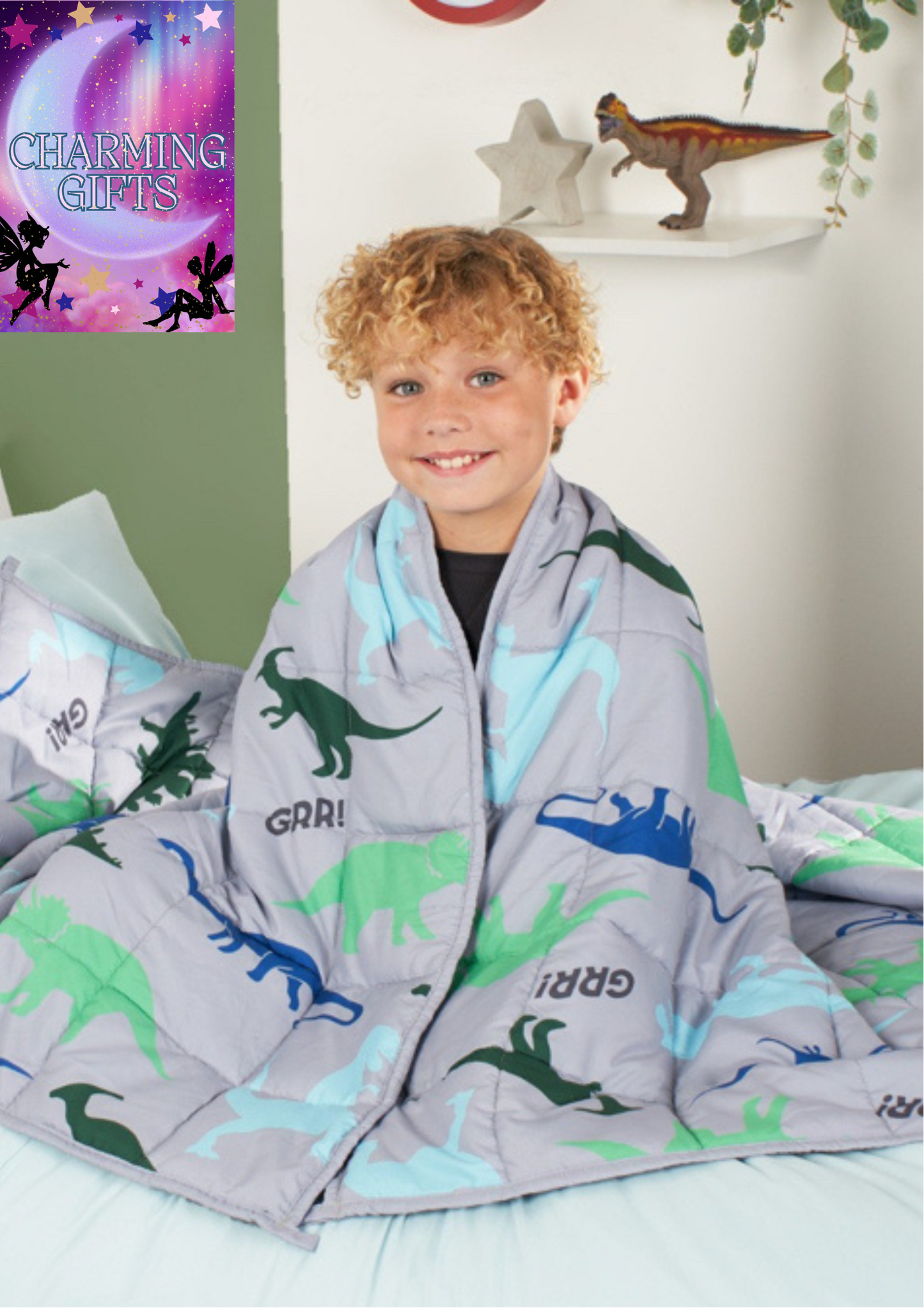 Kids Teddy Fleece Dinosaur Weighted Blanket, Grey - 3kg