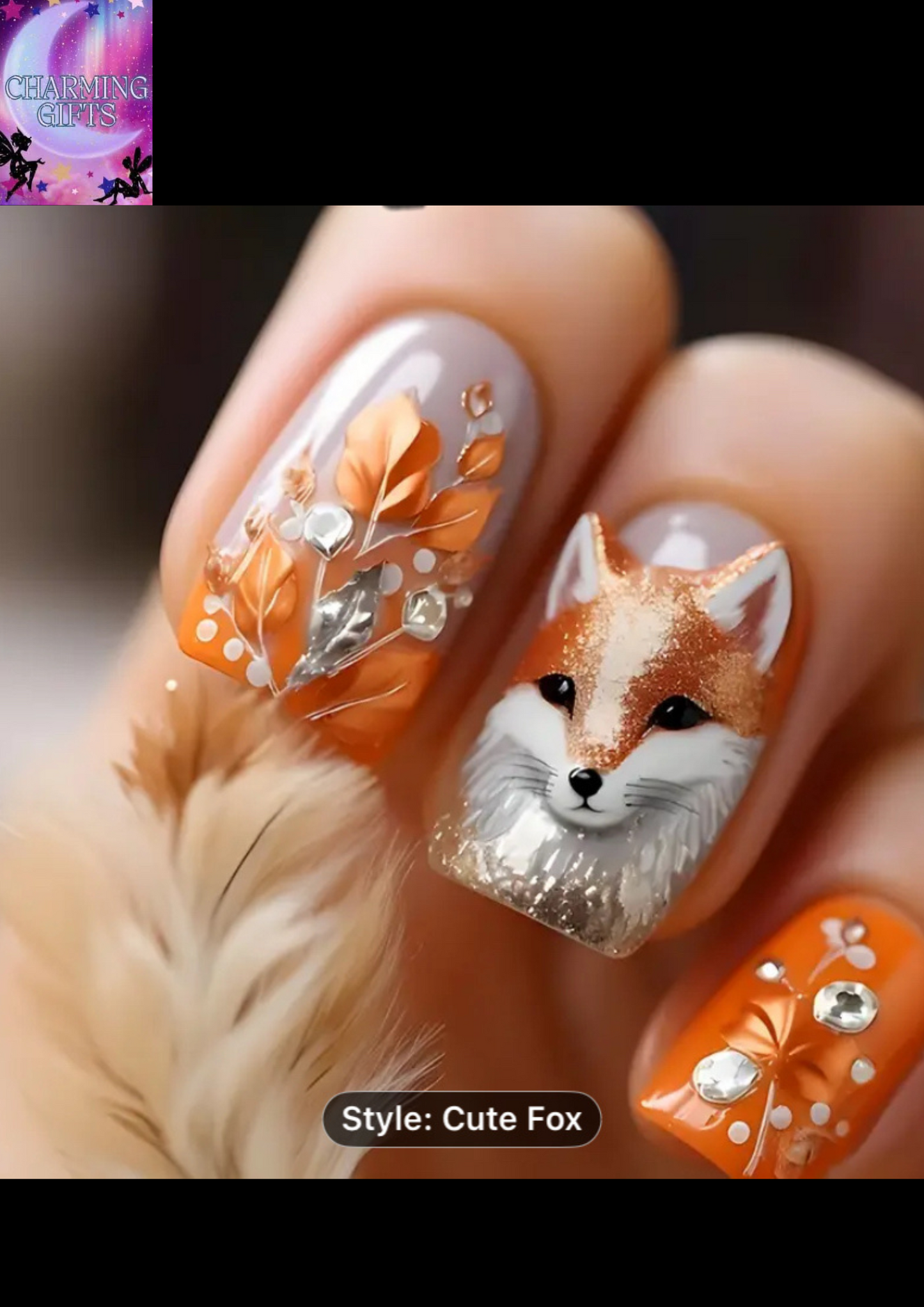 24pcs Glossy Press On Nails Medium Square Reusable Fake Nails - Fox & Floral Glitter Design with Orange Flowers, Brown & Pink Glossy Artificial Nails for Women & s, Nails Accessories, Beauty Enhancements, Vibrant Nail Art, Durable Pressons