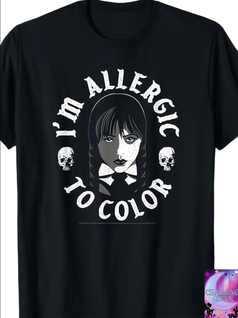 Unisex Tee Inspired by Wednesday Addams, Featuring a Black Casual Crew Neck with White Text And Skull Design. It Offers a Regular Fit with Slightly Stretchy Knit Fabric, Ensuring Comfort for All Seasons, Making It a Great Choice for Adults., Graphi