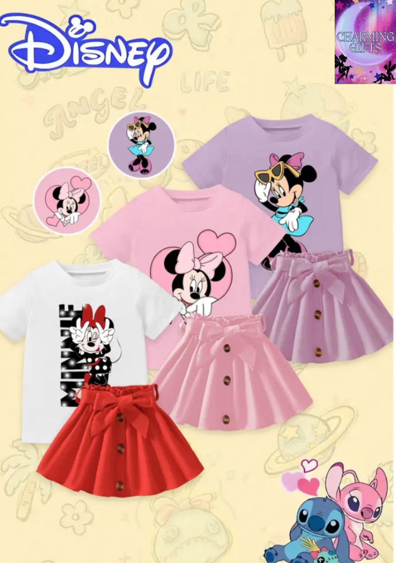 Disney 6pcs Set, Disney T-Shirt and Skirt Outfit with Minnie Print, Round Neck Short Sleeve Tee, Soft Fabric, Perfect Gift for Sisters, Perfect for Outdoor
