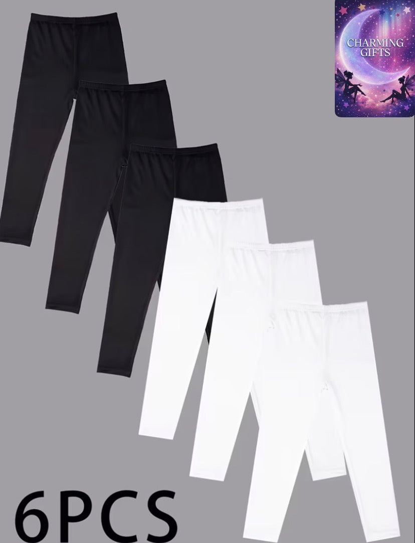6-Pack of Girls' Black Easy And Versatile Comfortable Leggings for Kids, Perfect for Layering