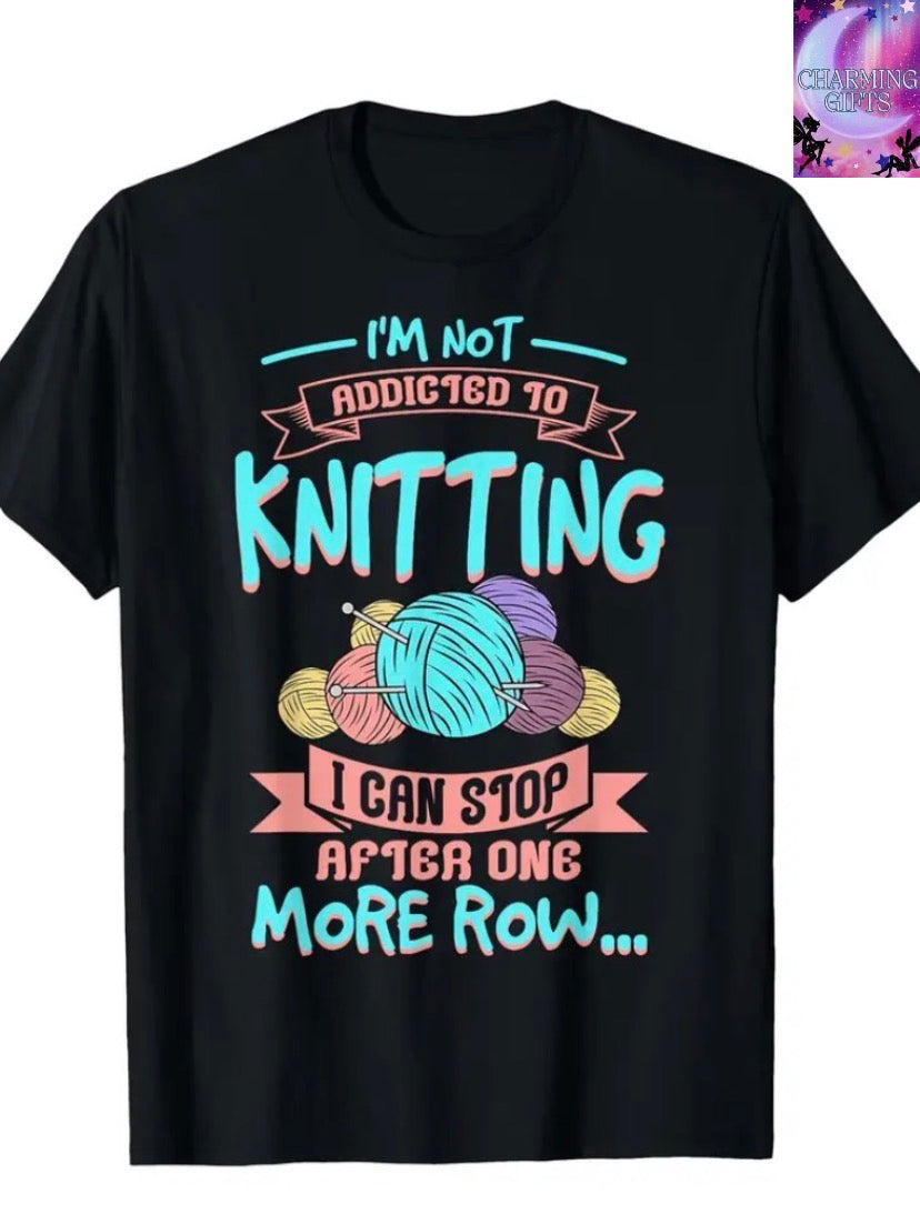 Funny Knitting Saying T-Shirt - "I'm Not Addicted to Knitting I Can Stop After One More Row" - Heavyweight 220gsm Cotton Tee - Black Shirt with Teal & Pink Knitting Design - Regular Fit Round Neck - Gift for Knitters - Men's & Women's Casual Casual Attire