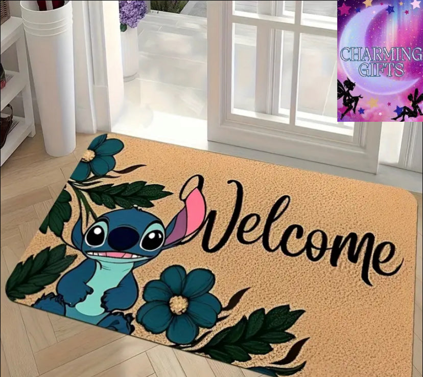 Large 1pc Disney Stitch Welcome Doormat - Washable Polyester Mat with Cute Cartoon Design, Perfect for Living Room, Bedroom, Kitchen, Hallway, Bathroom - Machine-Made, Rectangular Shape, Ideal for All Seasons, Washable Area