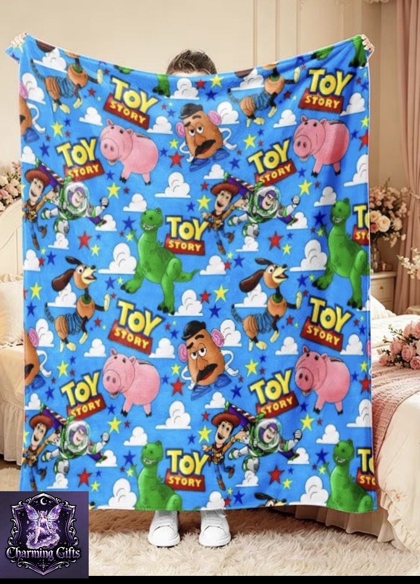 Toy Story Character Print Throw Blanket - Playful Pattern with Jessie, Woody, Buzz Lightyear, Stars & Clouds on Bright Blue Background, Multi-Specs, Soft Cozy for Sofa, Couch, Bedroom, Camping & Daily Relaxing Use