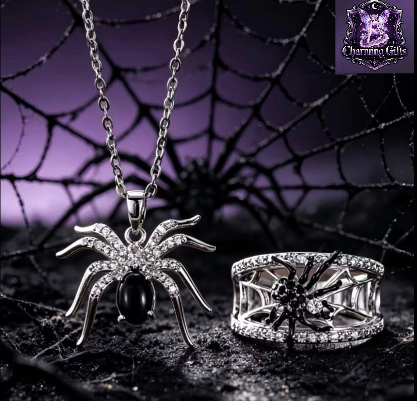 2pcs Gothic Inlay Zirconia Spider Jewelry Set for Women Spider Pendant Necklace Spider Web Ring for Halloween Party Cosplay Daily Unique Gothic Spider Jewelry Set Jewelry Gifts