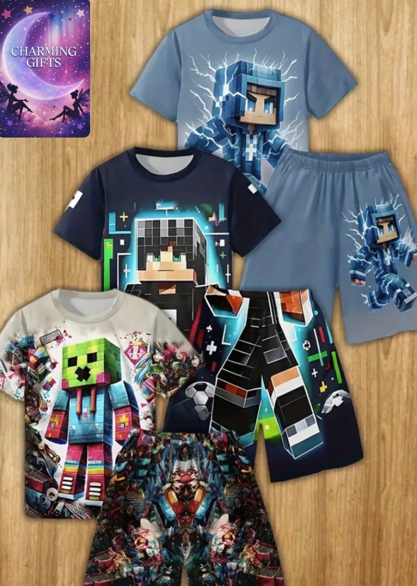 Boys' mine craft casual pullover short-sleeved T-shirt and short pants set, boys' outdoor T-shirt and short pants set, 6pcs set, Perfect for Outdoor