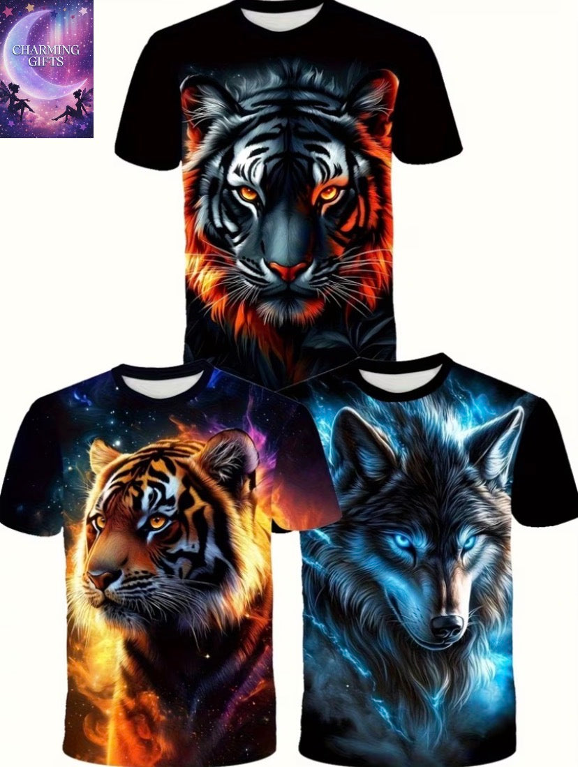 3pcs Set Men'S Vibrant Tiger And Wolf Print T-Shirt - Soft And Stretchy Short-Sleeve Round Neck for Summer Outdoor Casual Comfort, Lightweight Summer Top Suitable for Gym, Beach, And Casual Wear - Breathable Round Neck Design