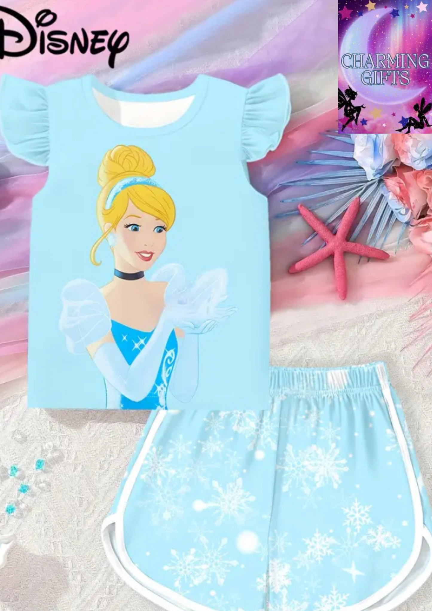 Princess Cinderella Print Flame Resistant Two-Piece Loungewear Set for Girls - Sleeveless Tank Top & Shorts with Snowflake Design, Comfortable Polyester Fabric, Perfect for Summer, Disney Loungewear | Elegant Youngsters Clothing | Durable Loungewear, D