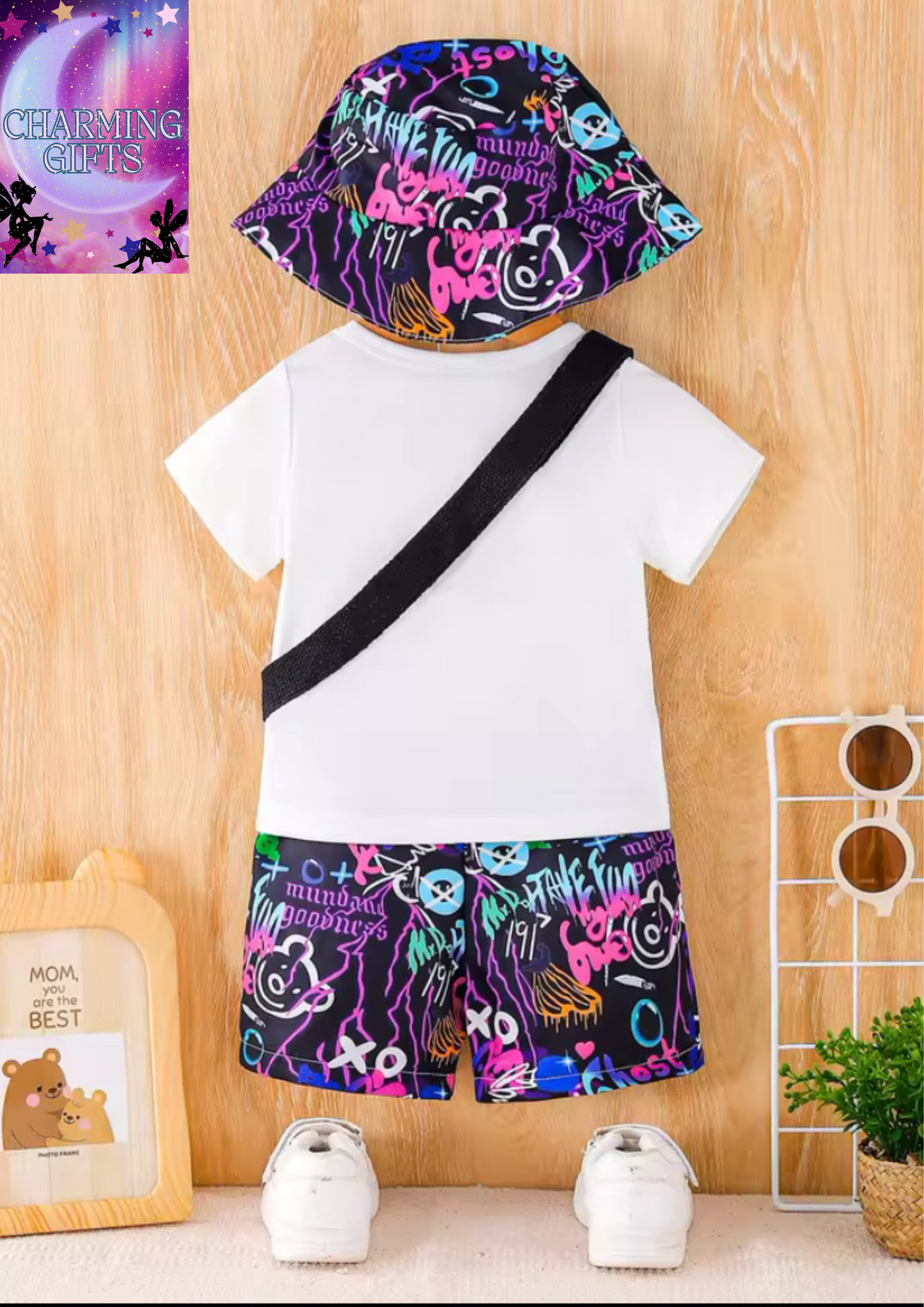 BabyBoys Summer Fashion Four-Piece Purple Letters Graffiti Fisherman Hat Bag Bottom Pants White T-Shirt Round Neck Short Sleeves