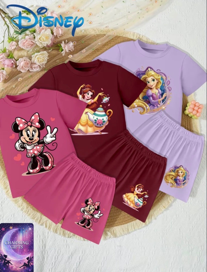 Disney 6pcs Set, Minnie, Belle, and Rapunzel Cartoon Print, Girls' Clothing, Summer Casual Cute Round-neck Short-sleeve and Shorts Set, Eye-catching Daily Outing Outfit, Perfect for Outdoor
