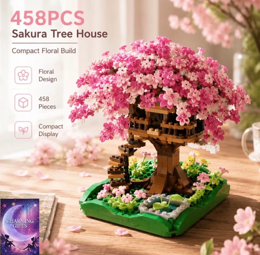 Kawaii Cherry Blossom Tree House Mini Building Blocks Set, Micro Sakura Bonsai Botanical Desk Decor, Cute Architecture Toy Gift for Girls Teens Room Decor