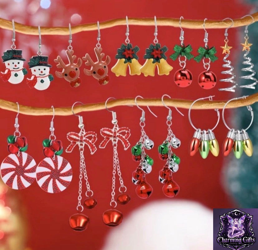 9-Pair Christmas Cartoon Snowman Reindeer Bell Earrings Set, Christmas Party Colorful Bell Bow Red Green Yellow Light Bulb Hoop Earrings, Silvery Spiral Christmas Tree Earrings, Women's Fashion Dangle Earrings, Zinc Alloy Material, for Christmas