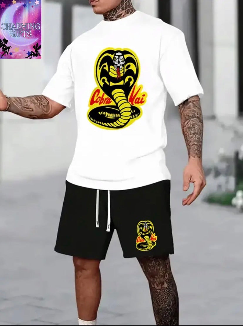 Cobra Kai Gym Logo Print Two-Piece Set - Stylish Black T-Shirt & Black Drawstring Shorts, Casual Sportswear for Spring & Summer unisex