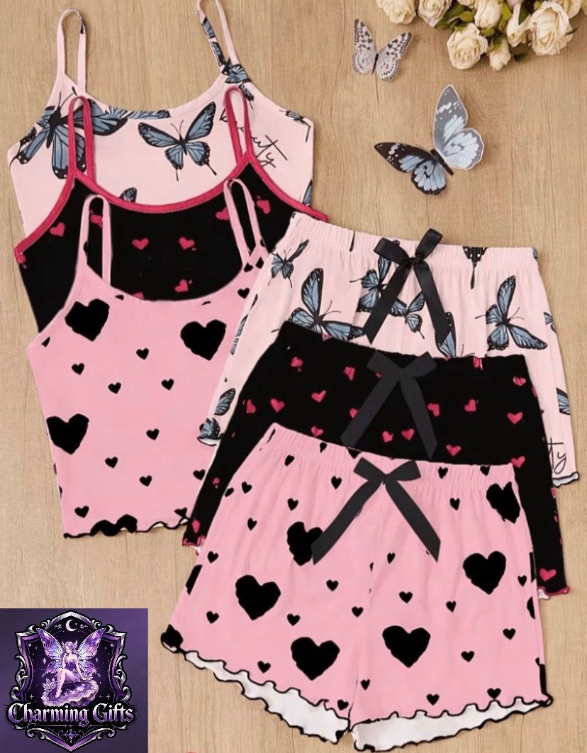6pcs Set Includes Heart And Bowknot Print Camisole And Shorts Pajamas
