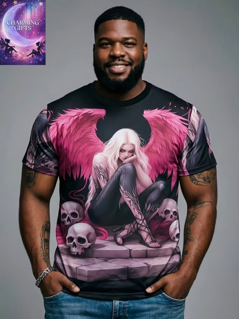 Men'S Plus Size Print T-Shirt, Gothic Angel Skull Print Tee, Round Neck Short Sleeve Casual Top, Beach Outfit Theme Party, Men'S Outdoor Breathable Round Neck Short Sleeve Summer Wear, Summer Casual Wear, Gift Idea, Slight Stretch Fabric, Plus Size