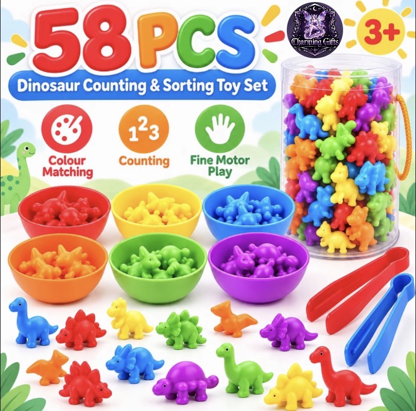 🦖 58-Piece Dinosaur Counting & Colour Sorting Activity Set 🦕