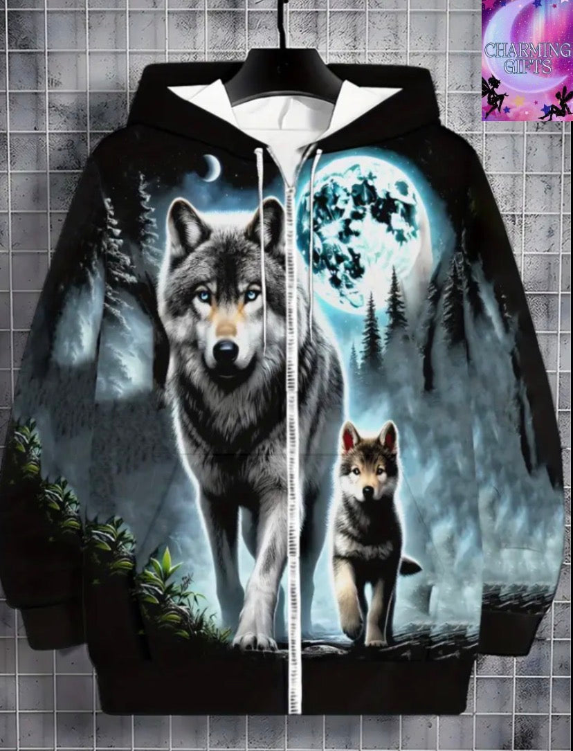 Men's long sleeved zipper cap sportswearCozy Living Room Hoodie with Wolf Design, Soft Polyester Fabric,Lightweight and Durable for Casual Attire, Perfect for Outdoor Adventures and Casual Style, Unique Graphic Print on Frontautumn and winter outdoor