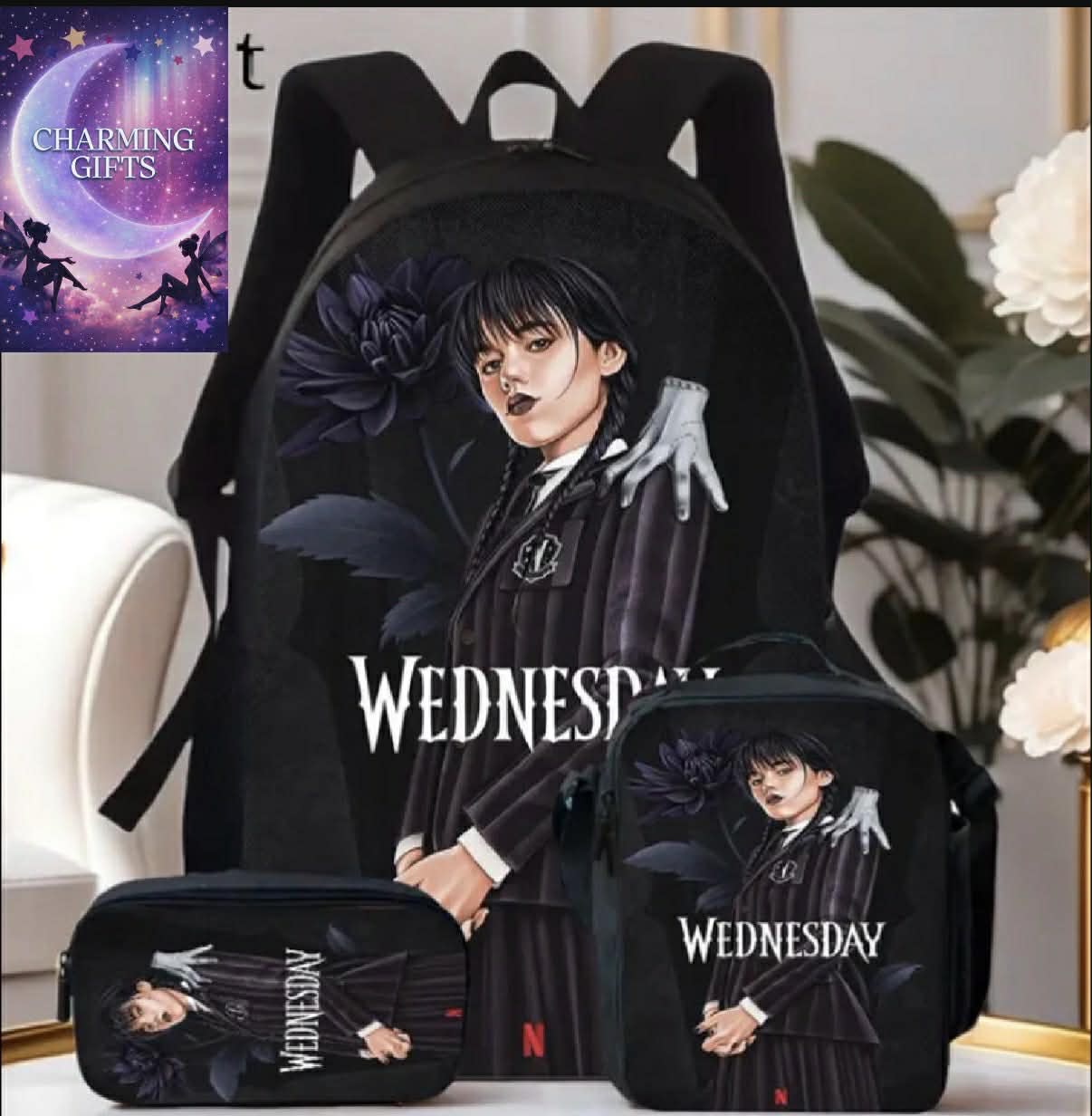 3pcs Wednesday Addams Backpack Set - Large Capacity School Bags with Adjustable Straps, Zipper Closure, Lightweight & Hand Washable, Ideal for Outdoor Commuting & Travel, Casual Style with Laptop Compartment, Messenger Bags|Casual Style Bags|Zippered Clos