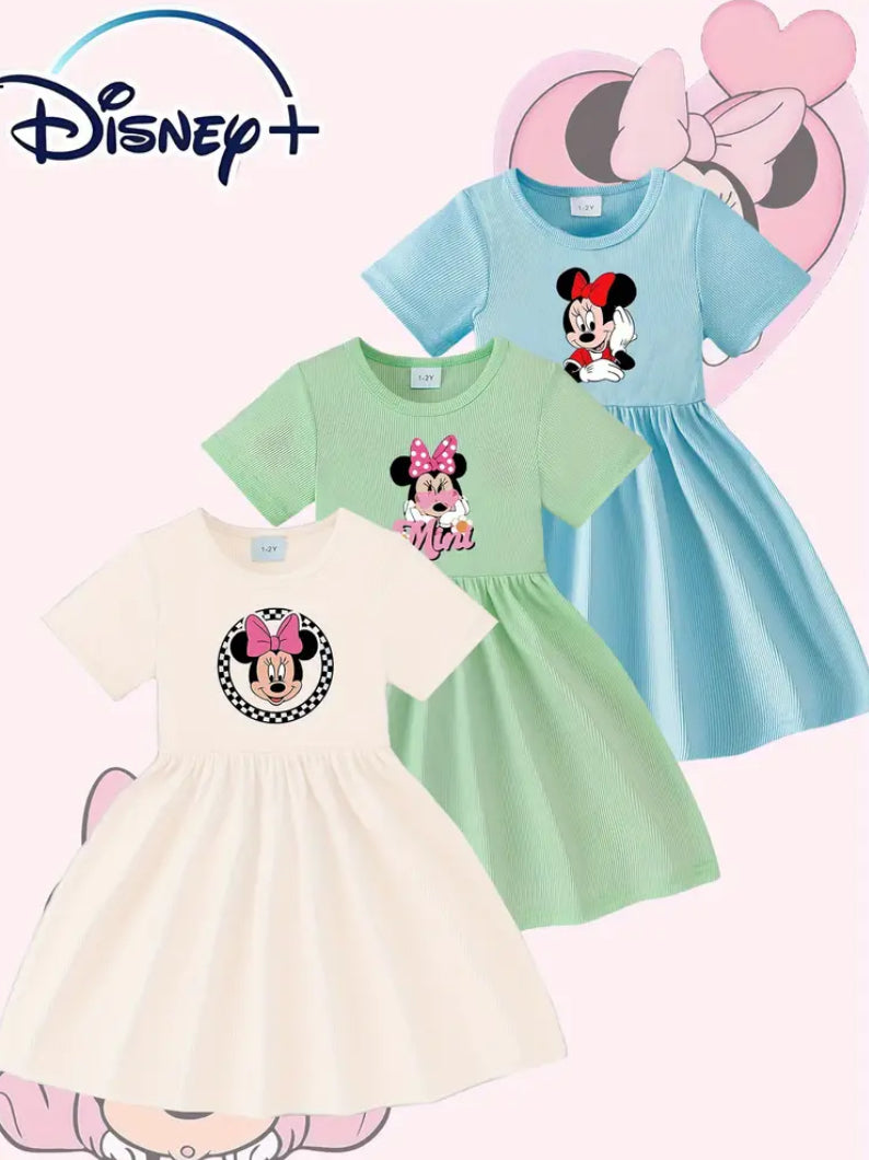 Disney Three-Piece Girls' Casual Cute Mickey Mouse Cartoon Print Knit Short Sleeve Round Neck Dress Set, Regular Fit, Suitable for Spring and Summer Outdoor Sports and Casual Attire, Kids' Clothing